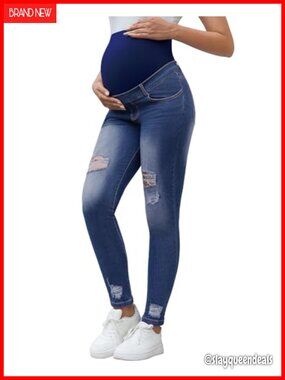 Maternity Over Belly Skinny Jeans Ripped Stretch Denim Pregnancy Pants